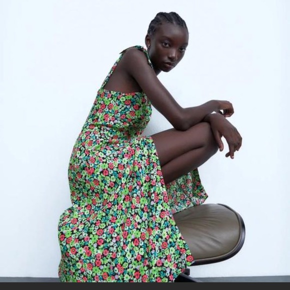 Zara✨Floral Print Green Pink Midi Dress - Picture 5 of 12